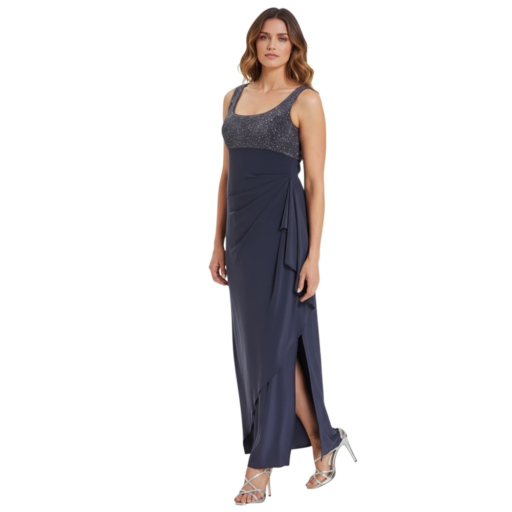Alex Evenings Empire Waist Maxi Gown, Sleeveless, Color Smoke, Size 6